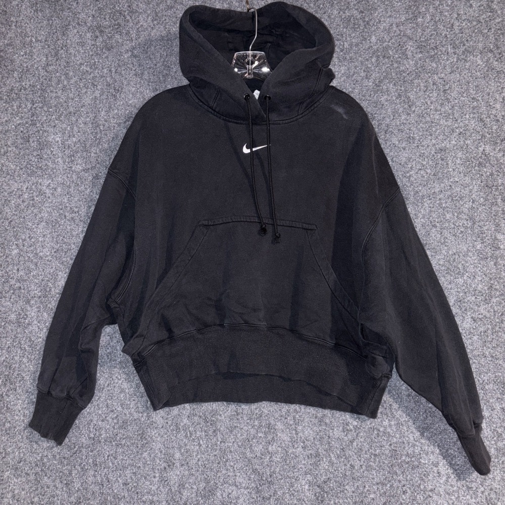 Nike Hoodie Womens XXS Black Oversized Cropped Fit Pullover Center Swoosh Check